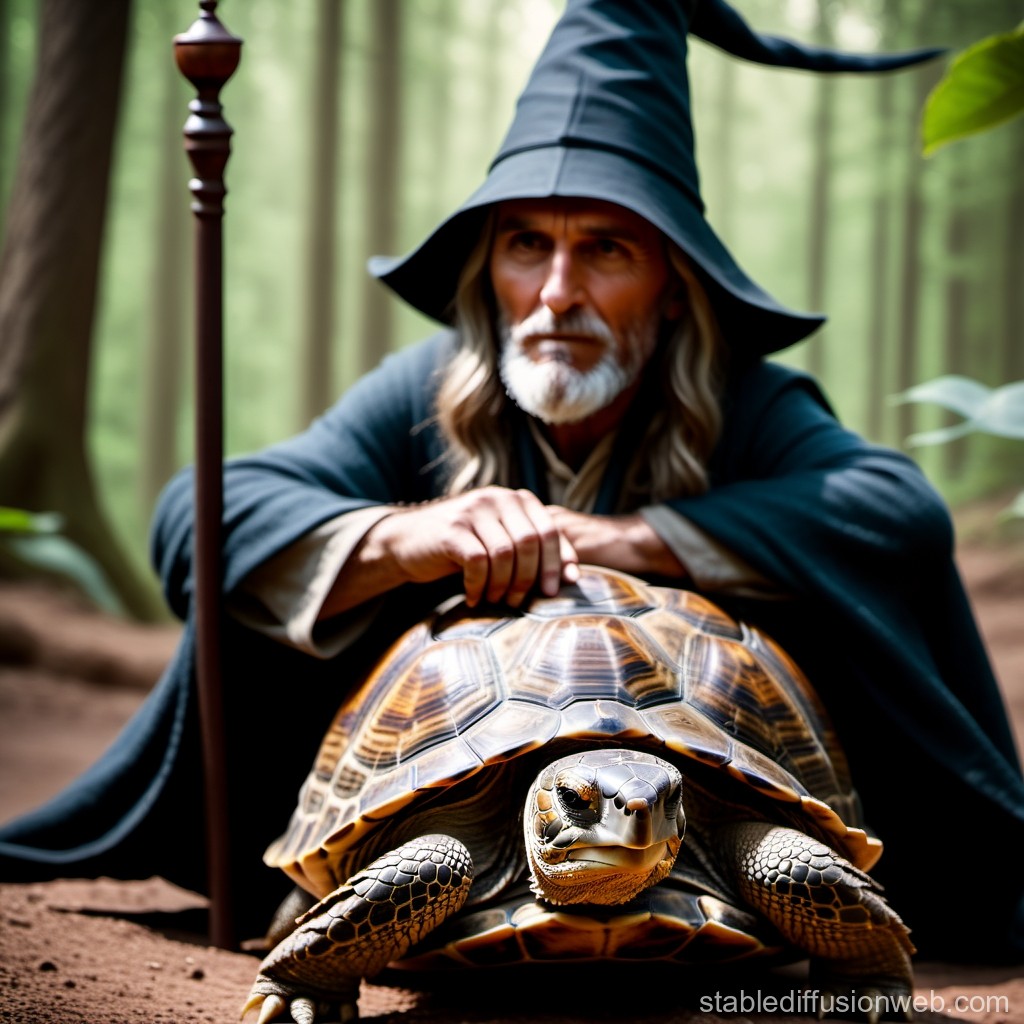 Wise Wizard with Giant Tortoise in Enchanted Forest