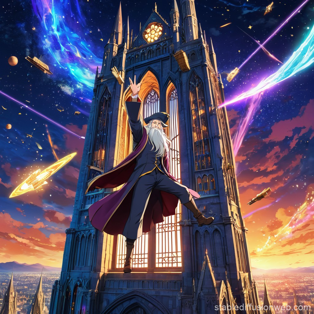 Wizard Summoning Magic at Gothic Cathedral Tower