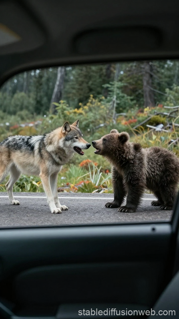 Wolf and Baby Bear Face Off on Forest Road