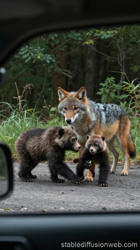 Wolf and Bear Cubs Encounter in the Wild