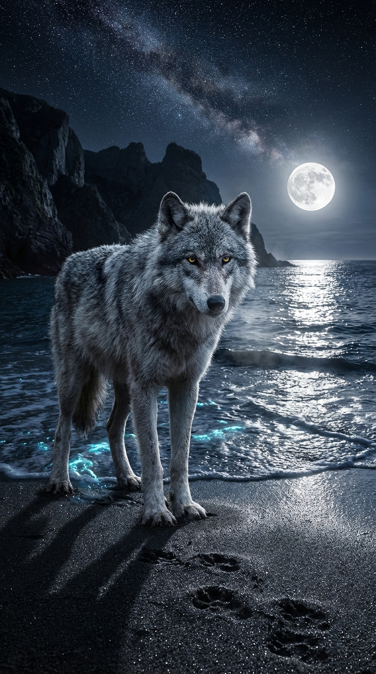 Wolf Standing on Moonlit Shore Under Starry Sky