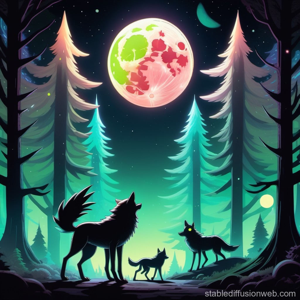 Wolves Howling Under a Mystical Moonlit Forest