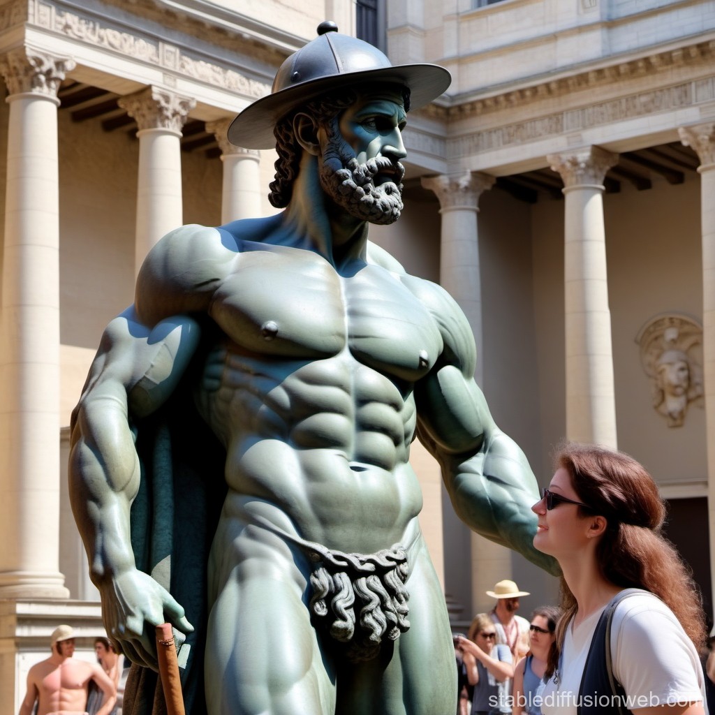 Woman Admiring a Muscular Ancient Greek Statue in Courtyard