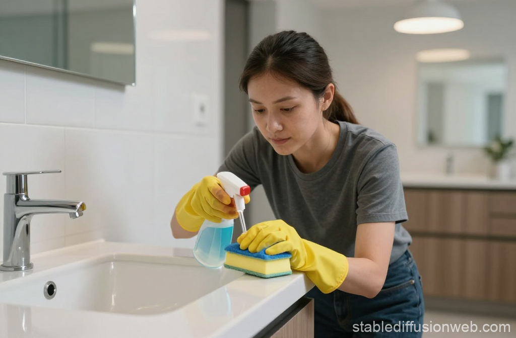 Woman Cleaning Bathroom Sink with Gloves and Spray Bottle