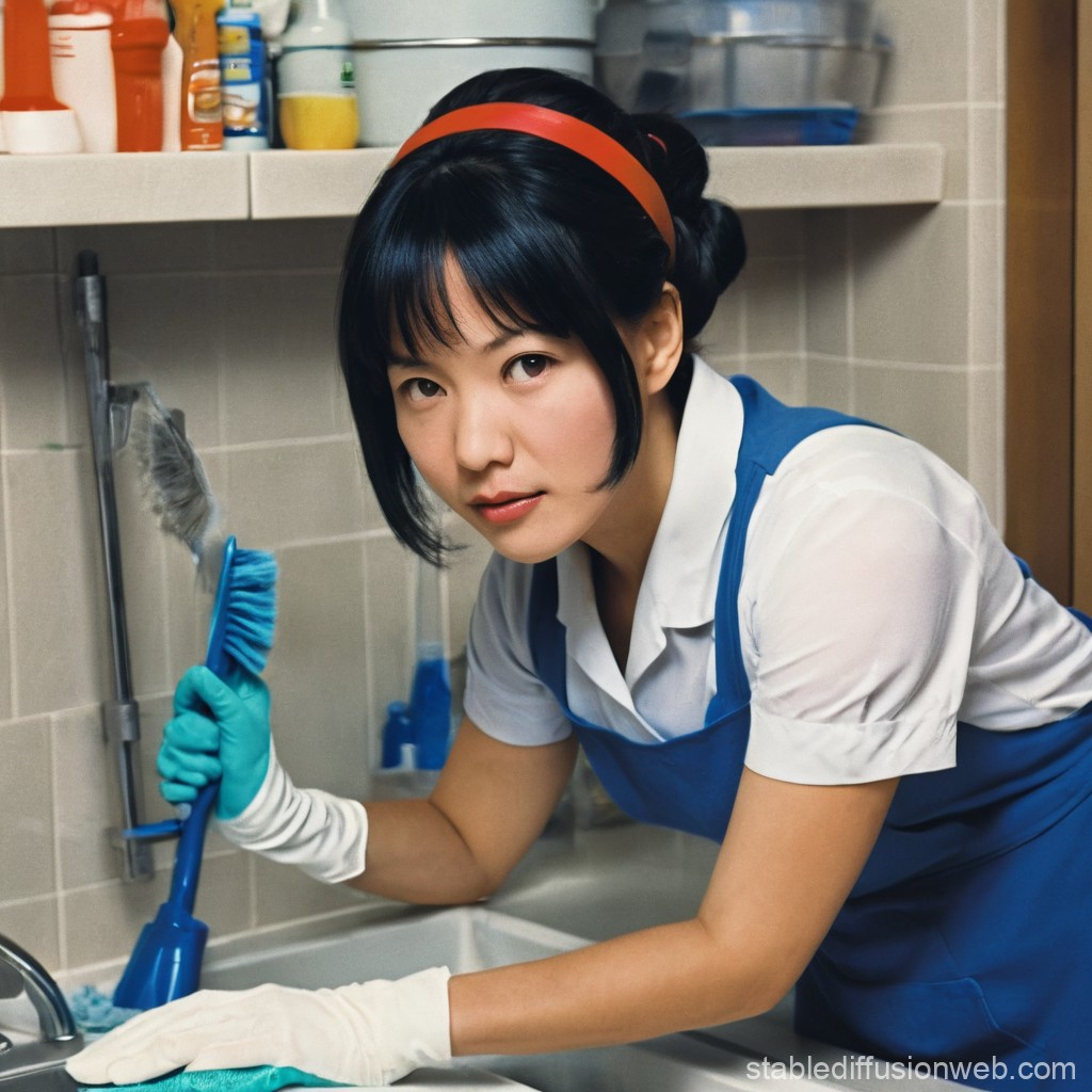 Woman Cleaning Kitchen Sink with Brush