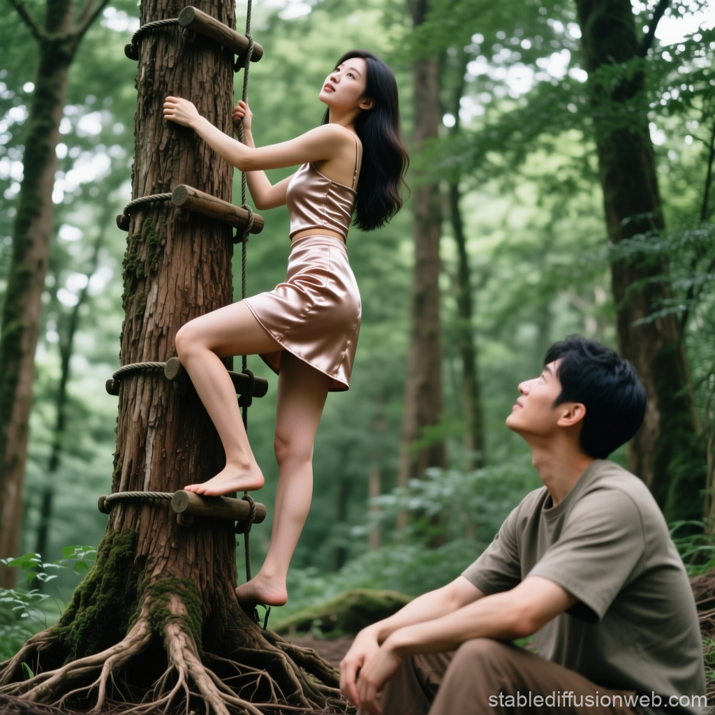 Woman Climbing Tree with Man Watching in Forest