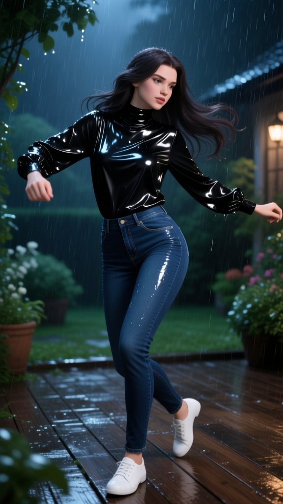 Woman Dancing in Rainy Night Garden