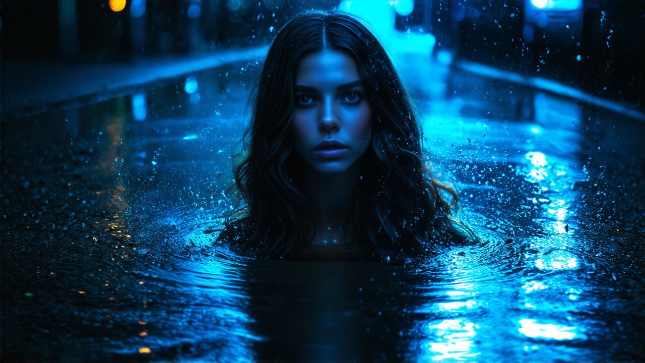 Woman Emerging from Water in Neon Blue Night