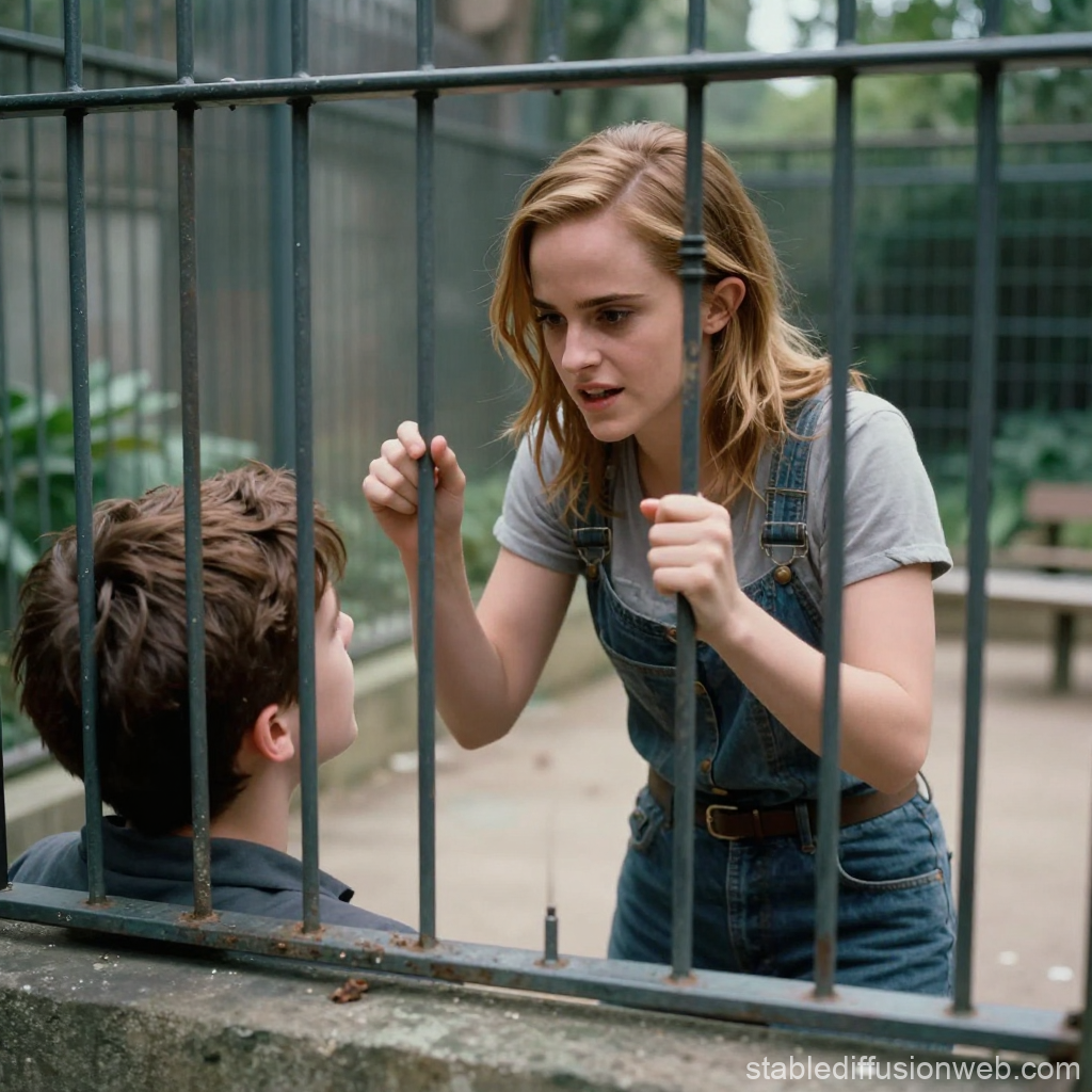 Woman Engaging with Boy Through Metal Bars in Outdoor Setting