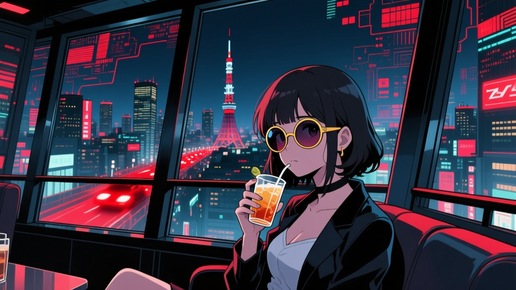 Woman Enjoying Drink in Futuristic Tokyo Night