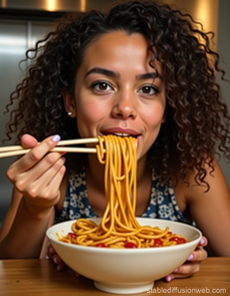 Woman Enjoying Noodles with Chopsticks