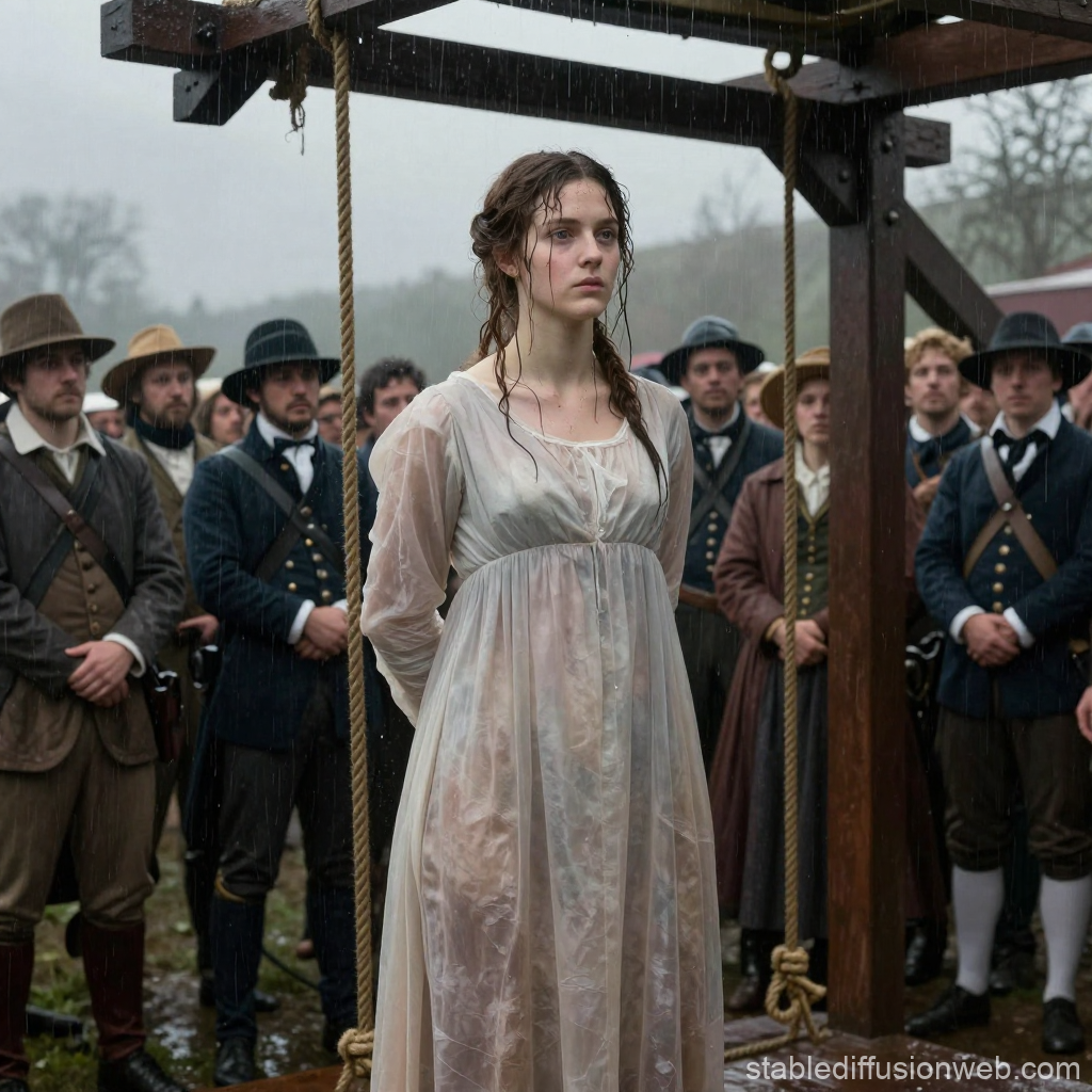 Woman Facing Execution at Gallows in Historical Setting
