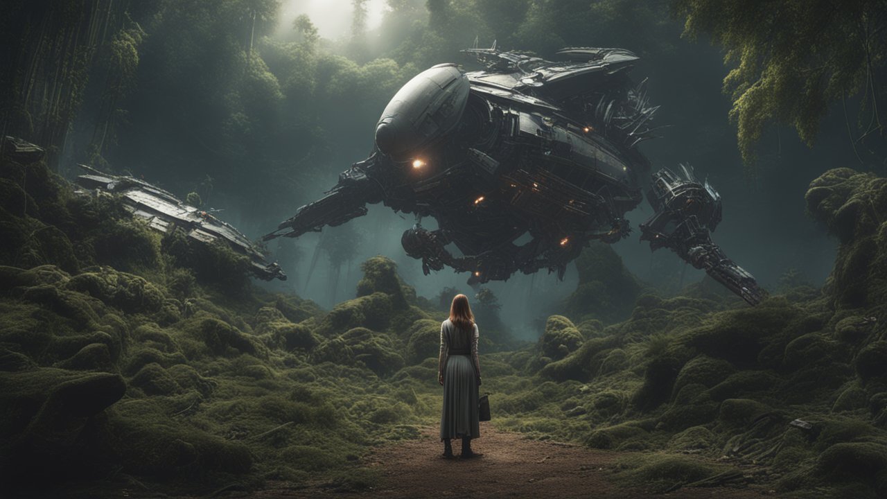 Woman Facing Futuristic Spaceship in Mystical Forest