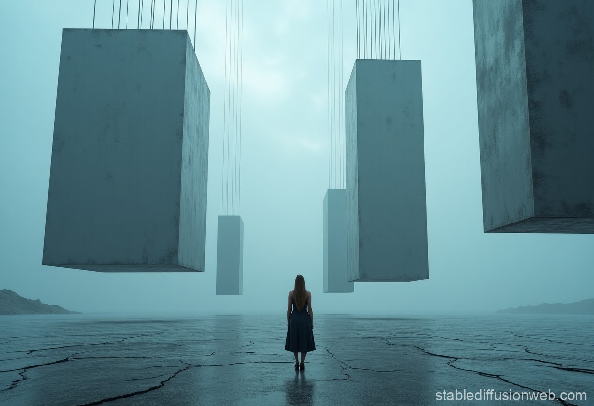 Woman Facing Suspended Concrete Blocks in Surreal Landscape