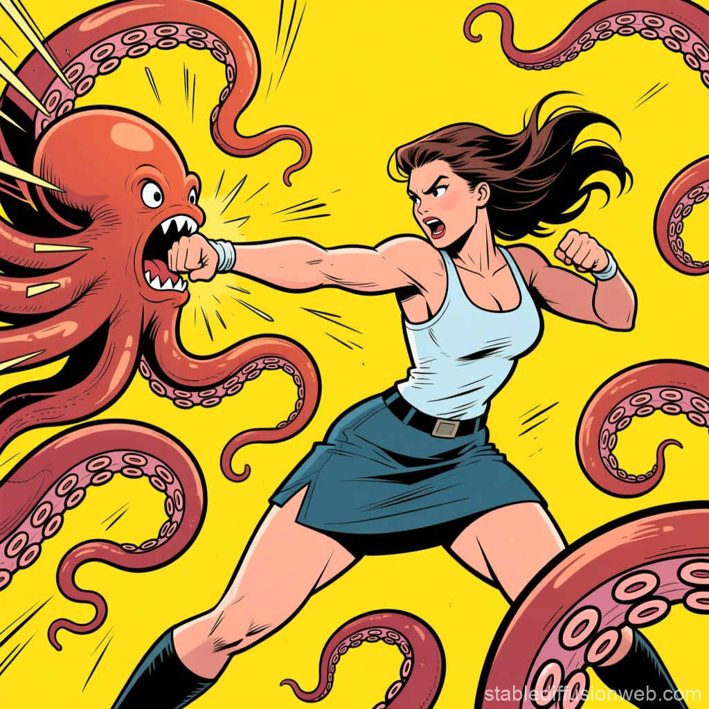 Woman Fighting Tentacles in Dynamic Comic Style