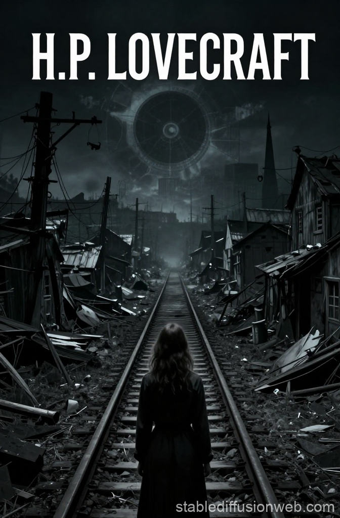 Woman Gazing Down Abandoned Railway in Dark Lovecraftian Town