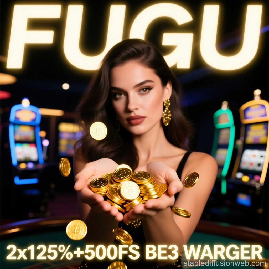 Woman Holding Gold Coins in Casino with Neon Lights