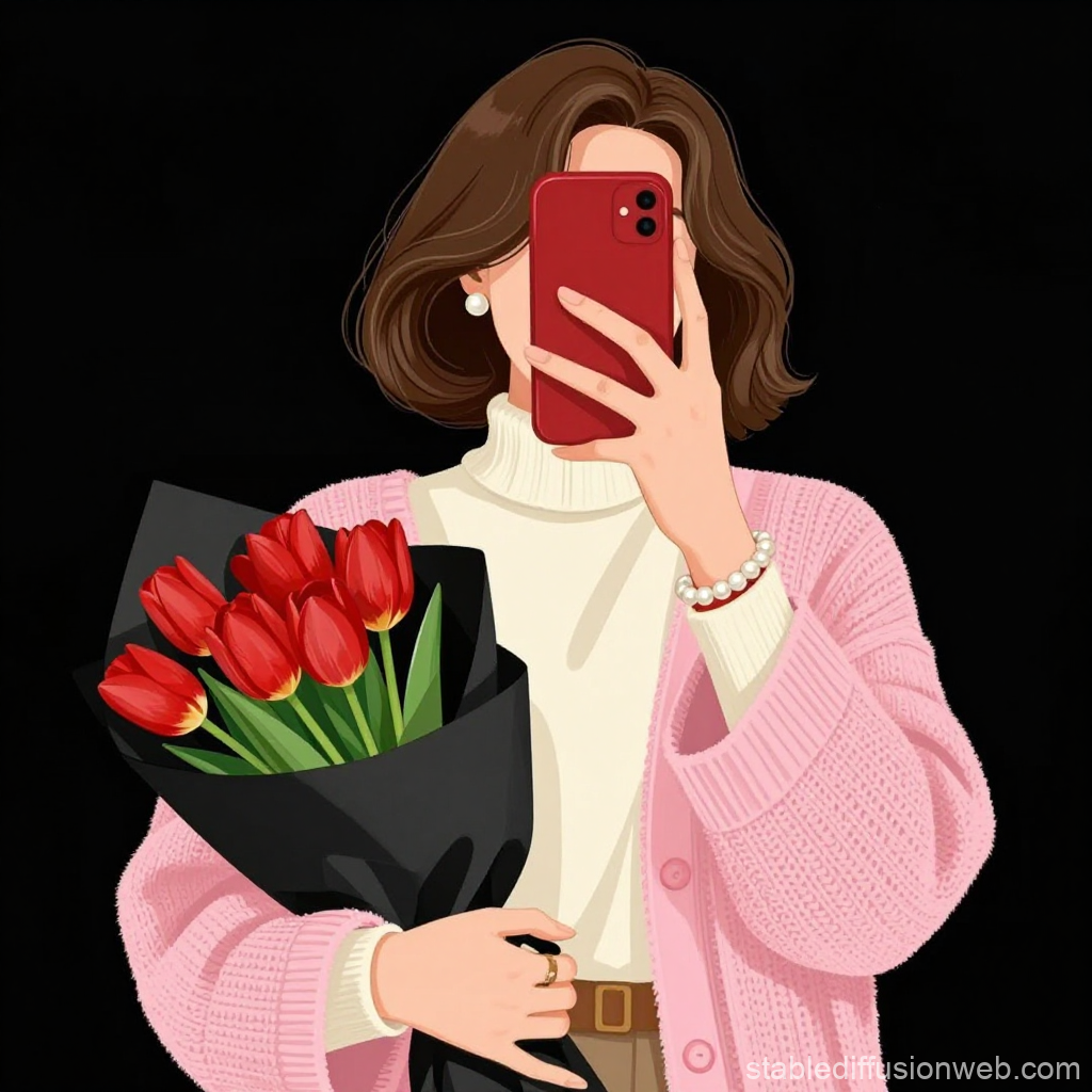 Woman Holding Red Tulips Taking a Selfie