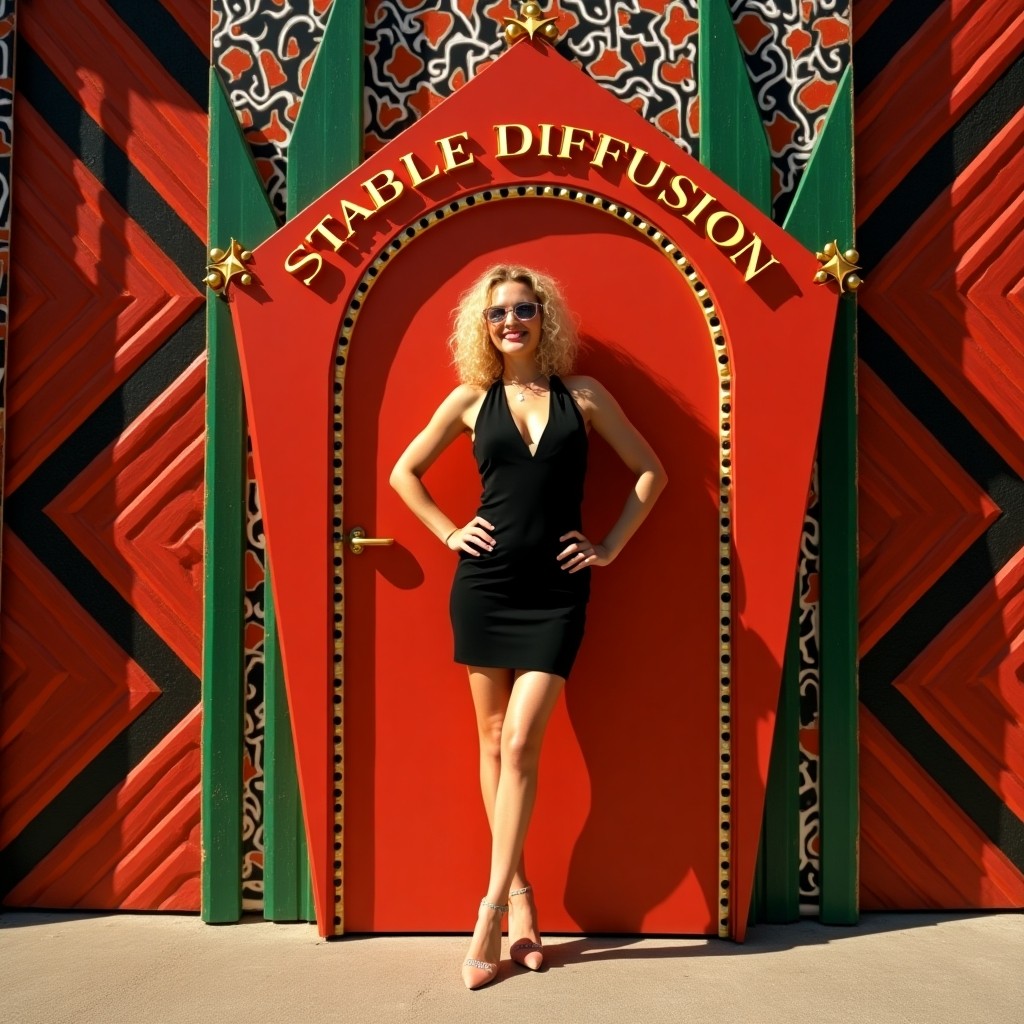 Woman in Black Dress Posing by Ornate Red Door