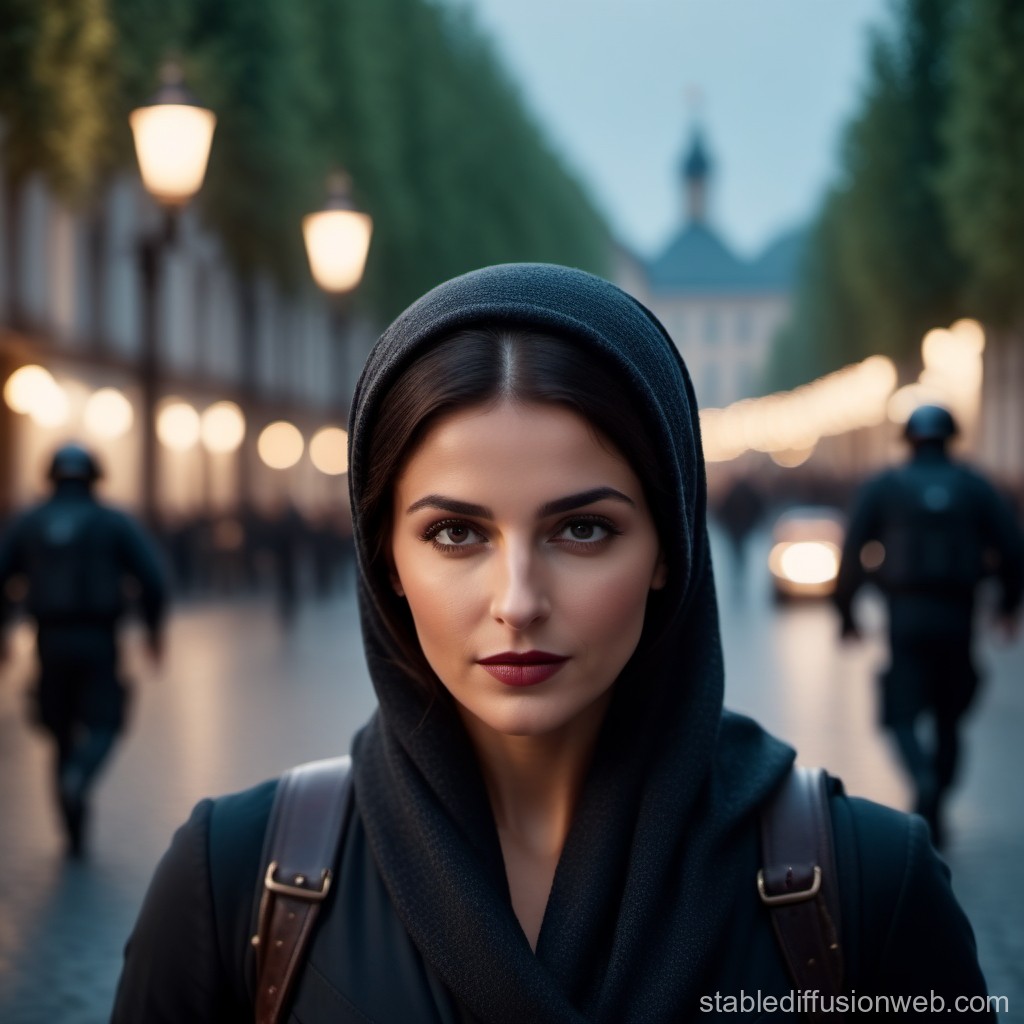 Woman in Black Headscarf on City Street at Dusk