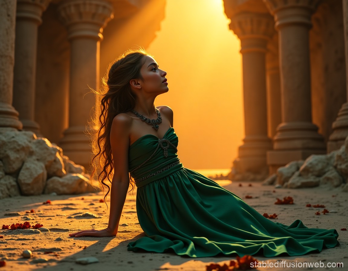 Woman in Elegant Green Dress at Ancient Ruins in Golden Light