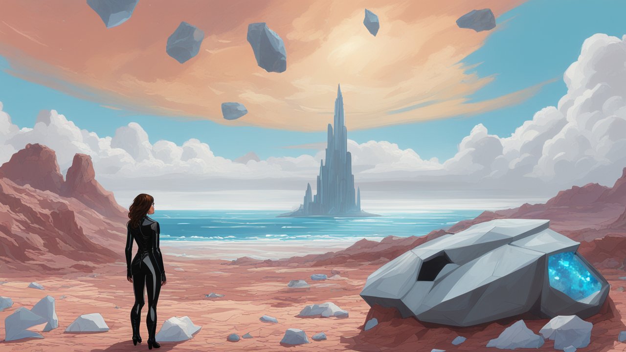Woman in Futuristic Landscape with Tower and Floating Rocks