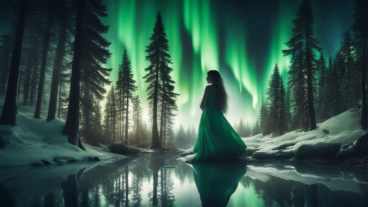 Woman in Green Dress Under Northern Lights in Snowy Forest