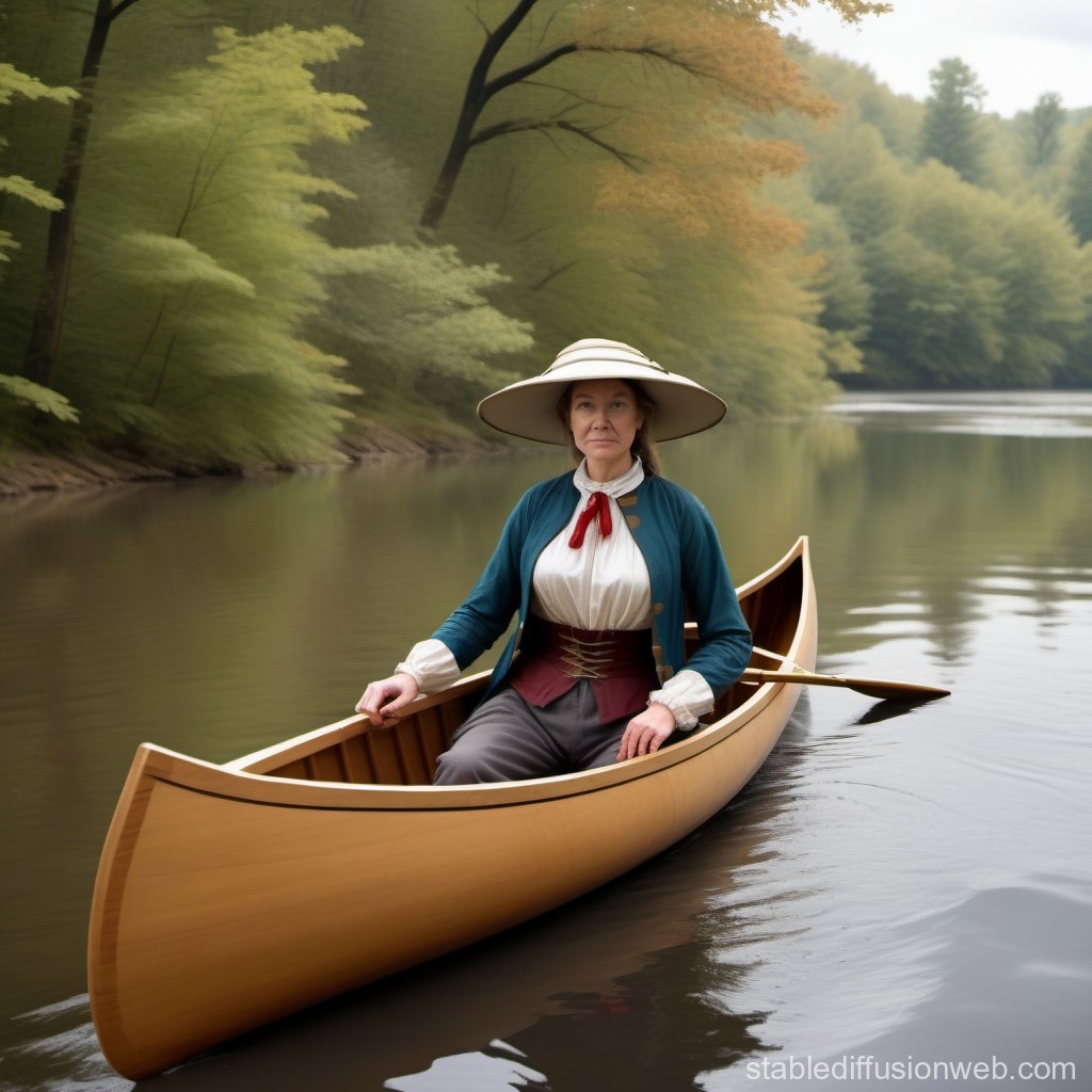 Woman in Historical Attire Canoeing on a Calm River