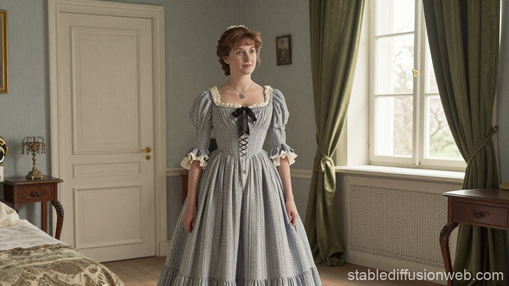 Woman in Historical Dress Standing in Elegant Room