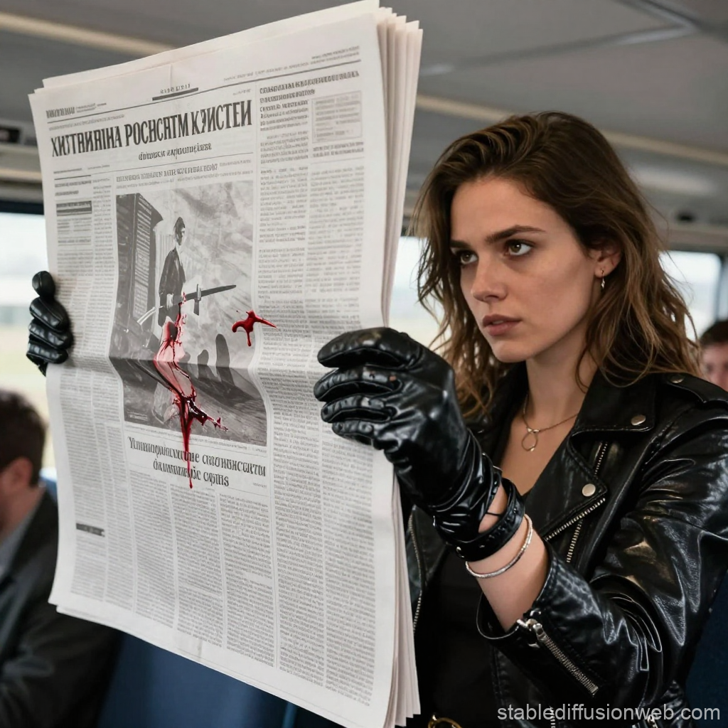 Woman in Leather Gloves Holding Blood-Stained Newspaper