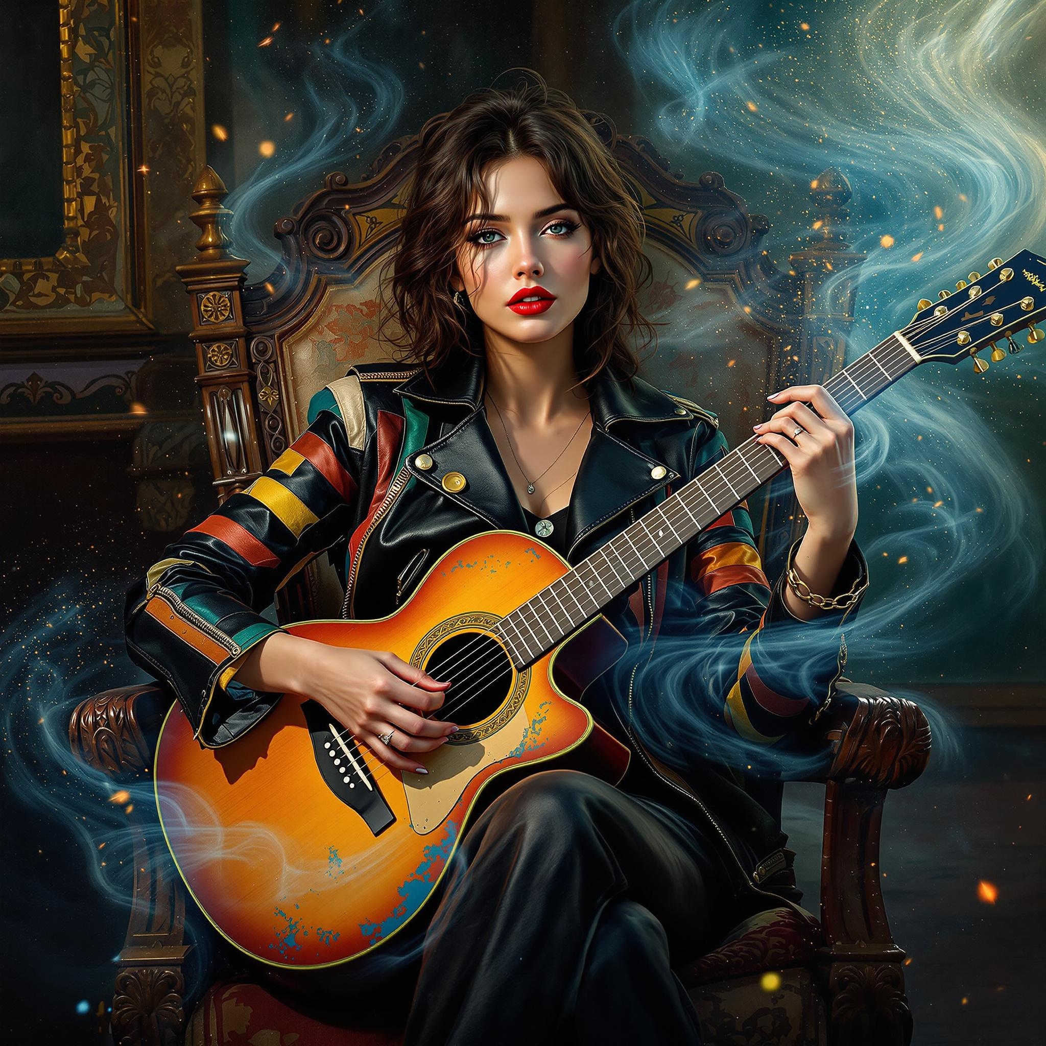 Woman in Leather Jacket Playing Acoustic Guitar with Mystical Smoke