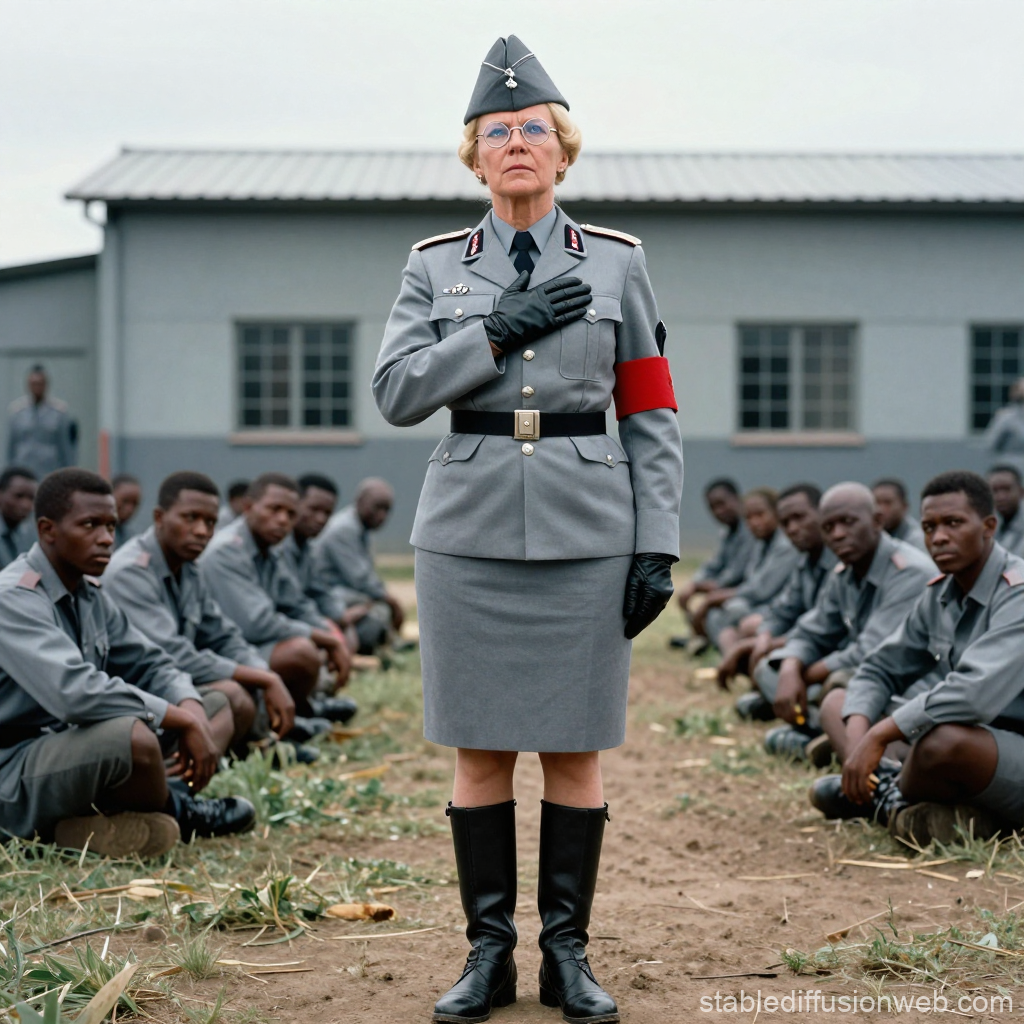 Woman in Military Uniform Standing Among Seated Men