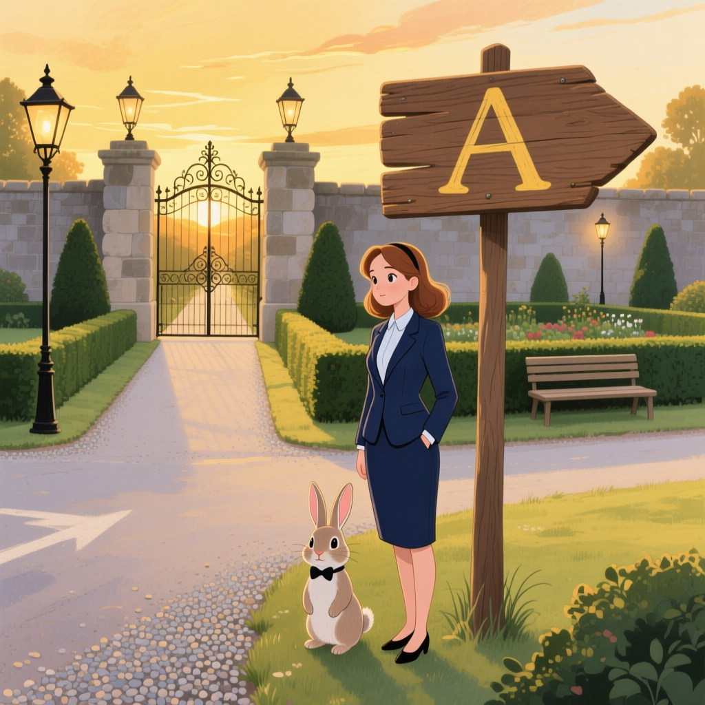 Woman in Navy Suit with Rabbit at Garden Entrance