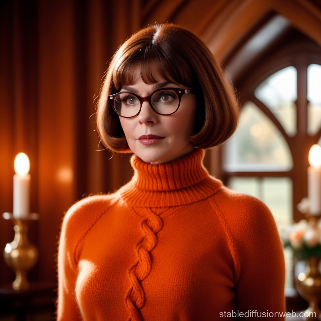 Woman in Orange Turtleneck Sweater with Glasses in Cozy Room