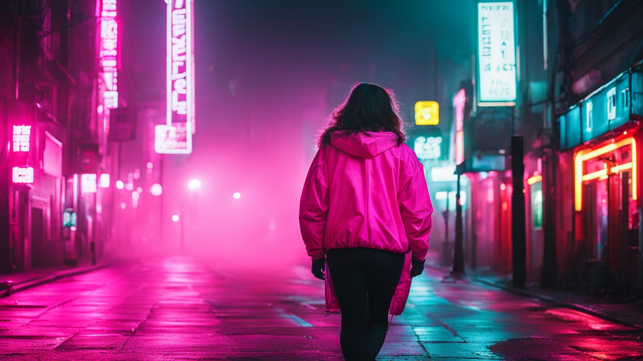 Woman in Pink Jacket Walking Through Neon-Lit Foggy Street