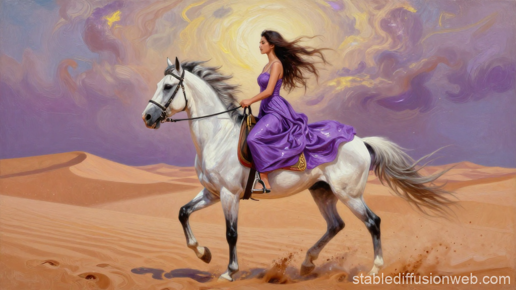 Woman in Purple Dress Riding White Horse Through Desert