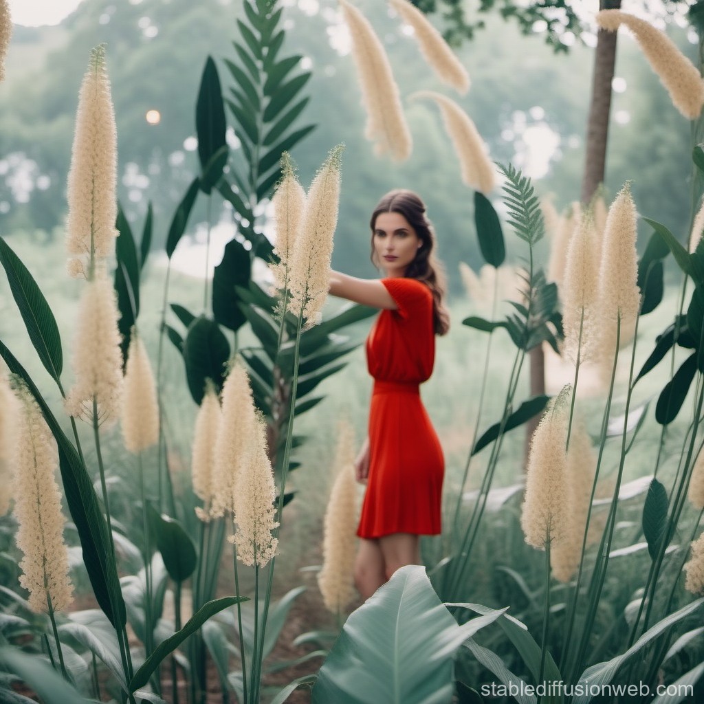 Woman in Red Dress Among Tall White Flowers
