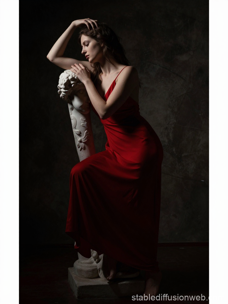 Woman in Red Dress Posing with Classical Sculpture in Chiaroscuro