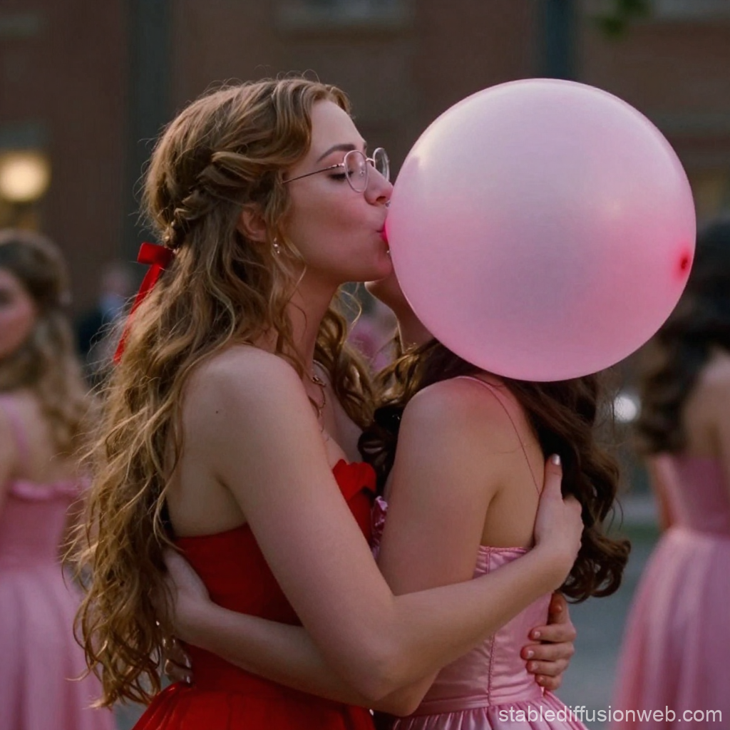 Woman in Red Embracing Friend Blowing Pink Bubblegum Bubble