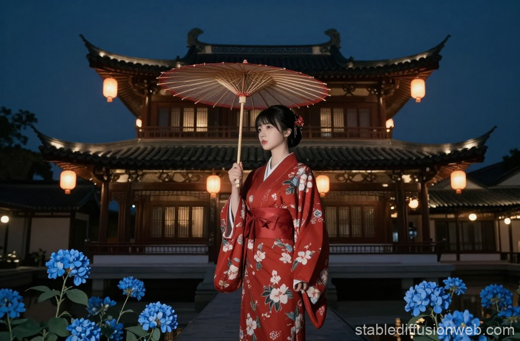 Woman in Red Kimono Holding Umbrella at Night in Traditional Asian Setting