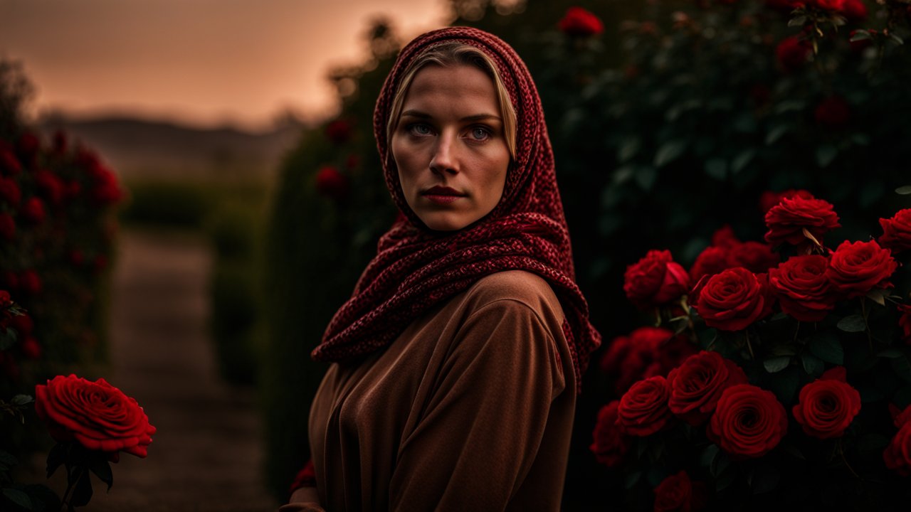 Woman in Red Scarf Among Vibrant Roses at Dusk