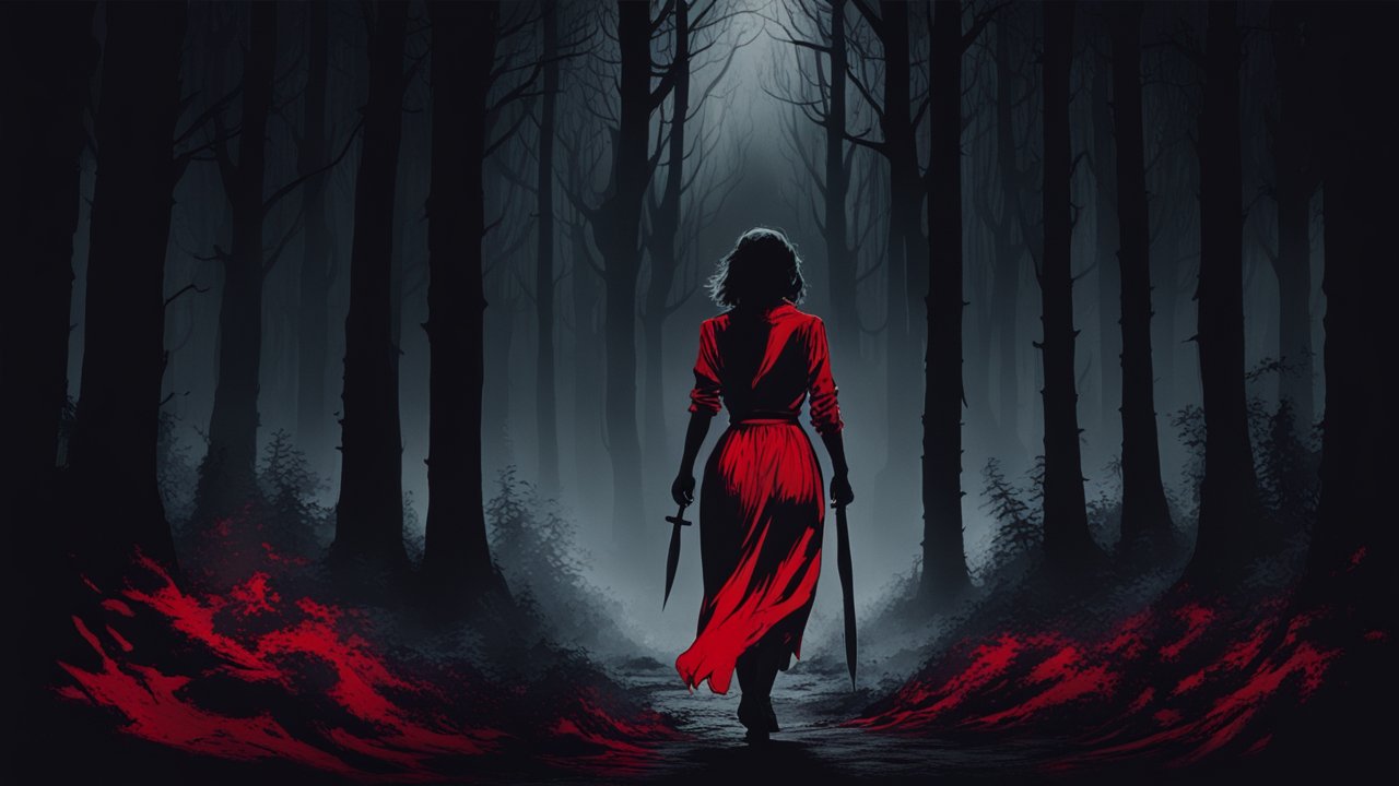 Woman in Red Walking Through Dark Forest with Blades