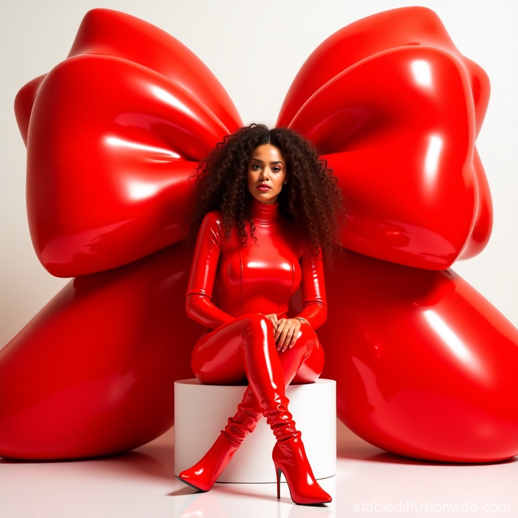 Woman in Shiny Red Outfit with Giant Red Bow