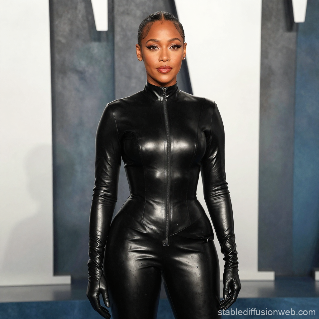 Woman in Sleek Black Leather Outfit at Event