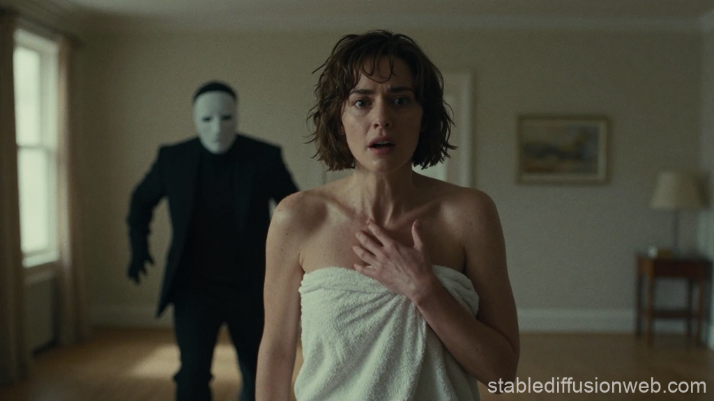 Woman in Towel Chased by Masked Figure