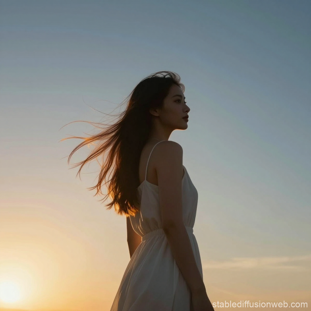 Woman in White Dress at Sunset