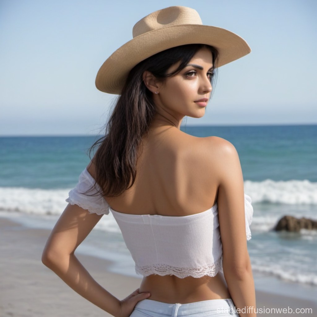 Woman in White Top and Hat at the Beach