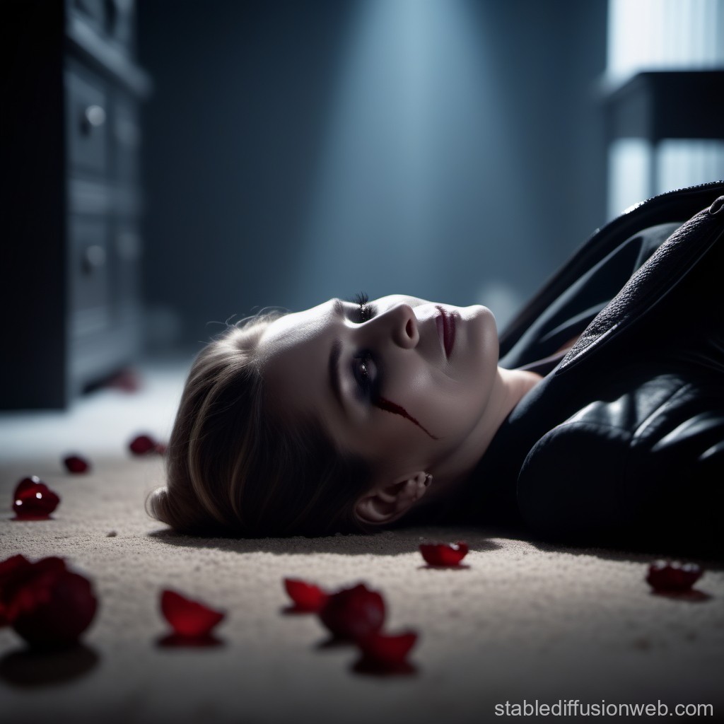 Woman Lying on Floor with Rose Petals and Tear of Blood