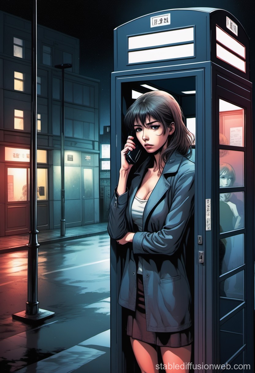 Woman Making a Phone Call in a Nighttime Urban Phone Booth