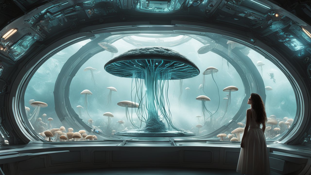 Woman Observing Giant Bioluminescent Mushroom in Futuristic Dome